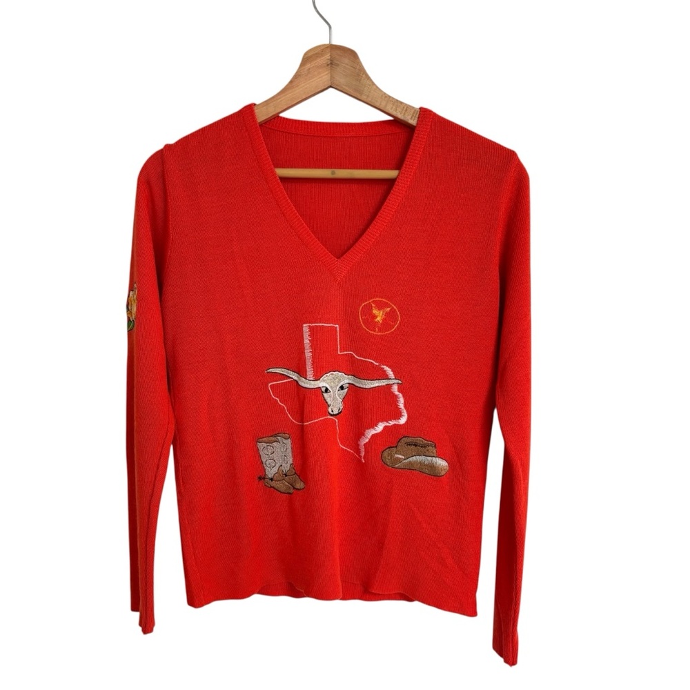 Vintage 70s Leroy Knitwear orange V Neck embroidered Texas theme western Top S